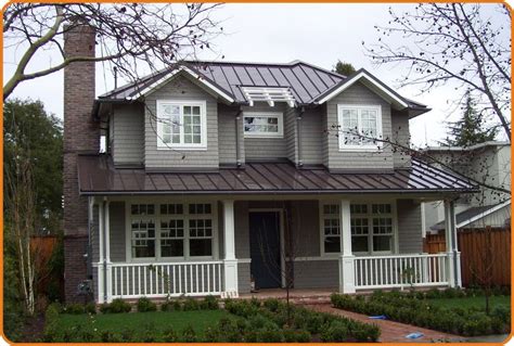 white house with brown metal roof|gray houses with brown roofs.